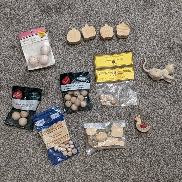 LOT of Miscellaneous Wooden Craft Items; Beads, Caps, Cat, Apples - Picture 1 of 3